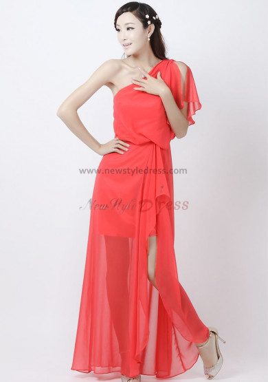 One Shoulder Watermelon red Chiffon Prom Dresses np-0181