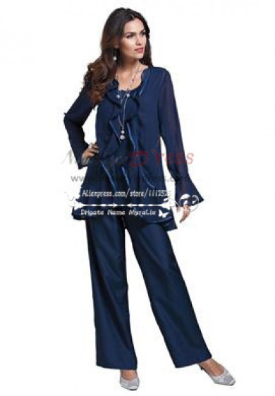 Mother of the bride pant suit Dark navy chiffon three piece outfit with ruffles nmo-207
