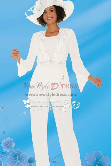 White Formal Long Sleeve Mother of Bride Pant Suit nmo-273