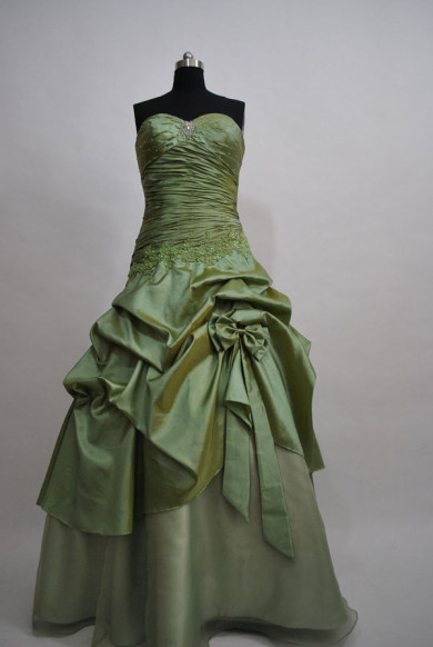 Army Green Taffeta Sheath Gorgeous Tiered Ruffles Pleat Chest with Crystal Hand-beading Evening dresses np-0081