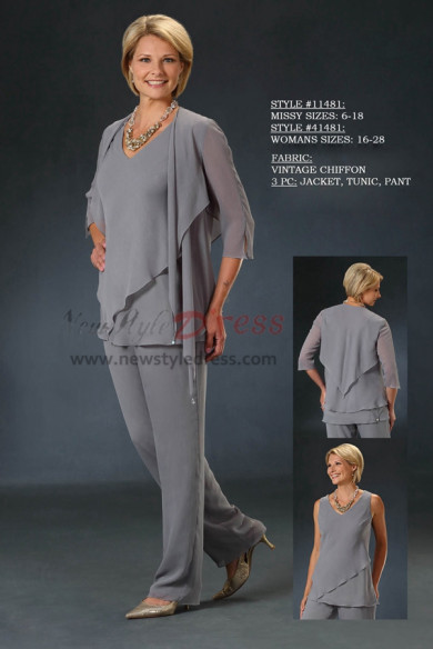 Spring new arrival Gray Chiffon mother of the bride pant suits with jacket nmo-419