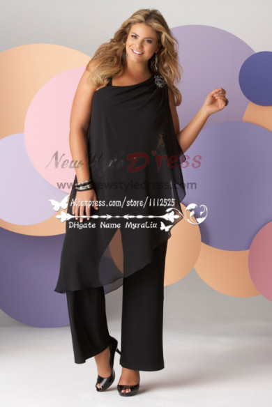 Glamorous Plus Size Black chiffon pant suits for mother of the bride nmo-193