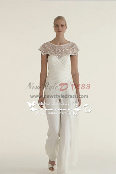 Beautiful Chiffon bridal jumpsuit wedding dresses with delicate hand beaded cape wps-044