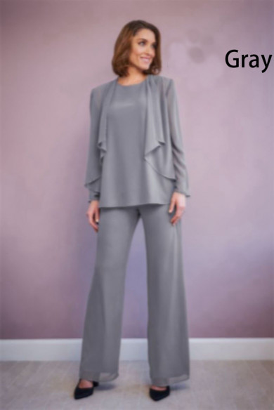 3 Piece Chiffon Mother of the Bride Pant Suits, Gray Stretchy Waist Pants Mother Of The Groom Outfits mos-0002-4