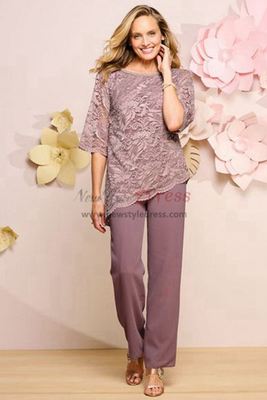 Asymmetry Elastic Trousers Mother of the Bride Pant Suits, Pearl Pink lace Women