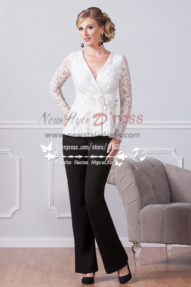 Spring Fashion mother of the bride pant suits black trousers and white lace blouse Custom-made nmo-218