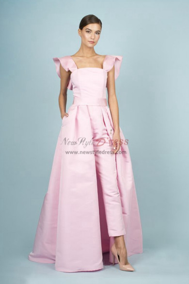 Pink Satin Bridal Jumpsuits Spring Wedding Pants Dresses With Detachable Train wp-145