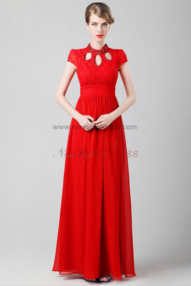 Latest Fashion High Collar red Short Sleeves Classic prom dress np-0350