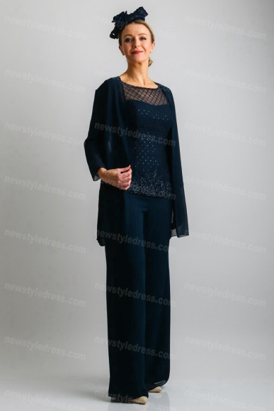 Dark navy Elegant Mother of the bride Trousers outfit 3PC Women