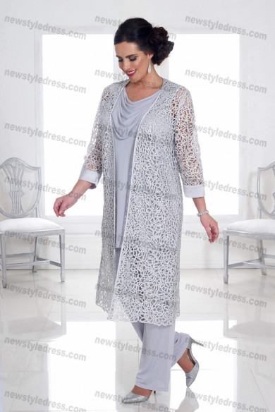 Plus size 3 PC Gray lace Mother of the bride pants suits with jacket Trousers Women