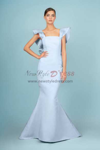 Charming Sky Blue Ruffles Mermaid Prom Dresses, Gorgeous Ruched Wedding Party Dresses with Bow pds-0086-1
