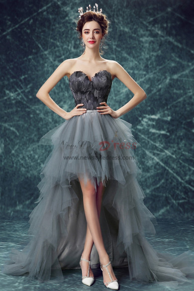 Charcoal gray Feathers Hi-Lo Prom gown Cocktail Dresses nmo-556