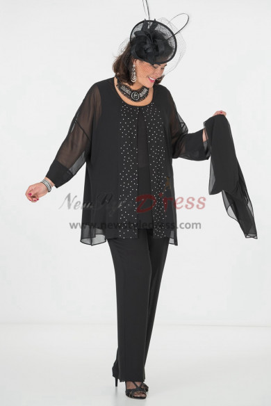 Modern Black Chiffon with Crystal Mother of the Bride pants suit dresses with shawl nmo-295