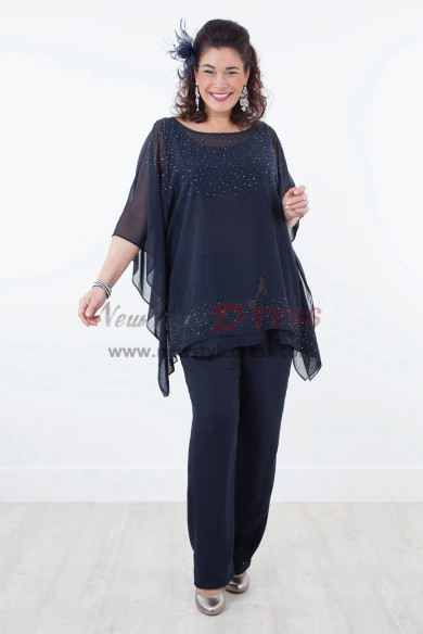 Plus Size Mother of the bride pants suit with Elastic waist Dark navy Three piece Chiffon Trousers set nmo-290