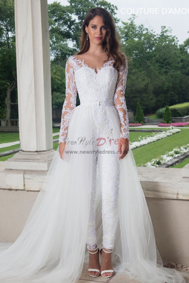 Lace Bridal Jumpsuits with Detachable tulle Trainwps wps-142