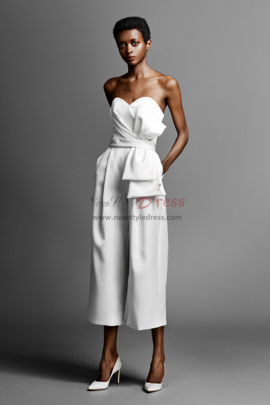 White Satin Bridal Jumpsuit Mid-Calf Wedding pants dresses wps-163