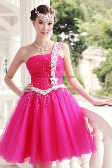 One Shoulder Ball Gown Short rose red Cocktail Dresses With Glass Drill np-0227