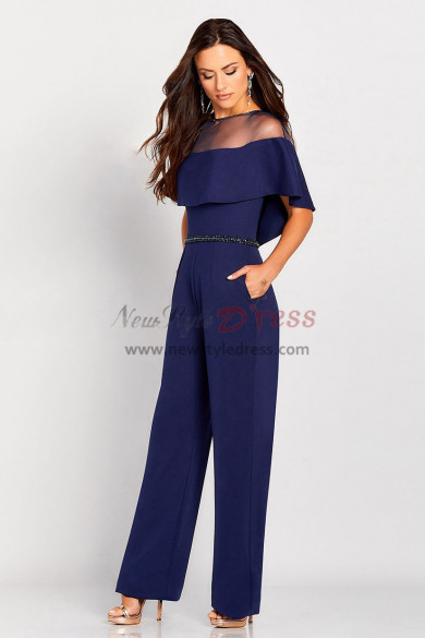 Women Jumpsuits dresses for Wedding party Navy pantsuit with beadding belt nmo-523