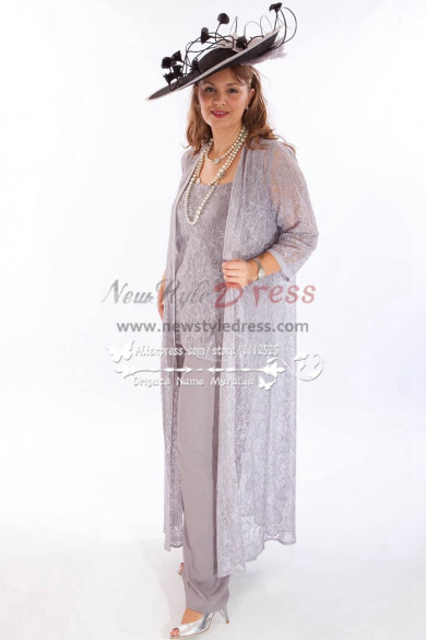 Elegant gray lace 3PC outfit Wedding Pantset mother of bride pant suits with long coat New arrival  nmo-259