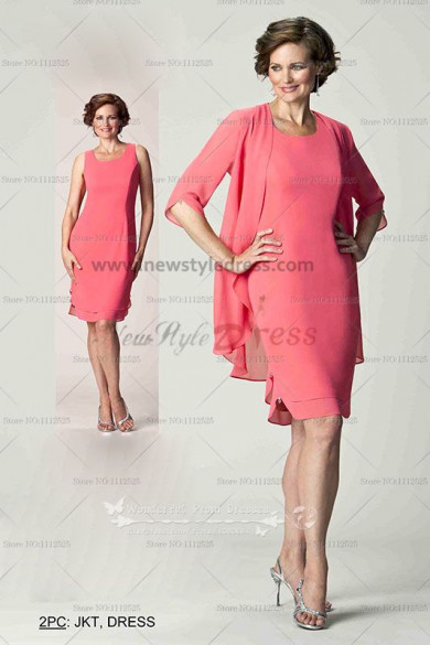 Chiffon 2PC Knee-Length mother of the bride dress for the beach wedding sweet watermelon red cms-053