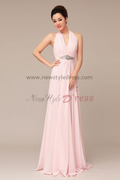 Pearl Pink Chiffon V-neck long Halter prom dresses under 100 np-0232