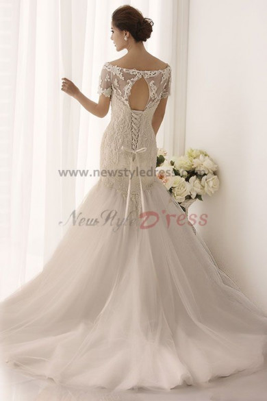 Ivory Bateau lace Appliques Half Sleeves Elegant wedding gowns nw-0158