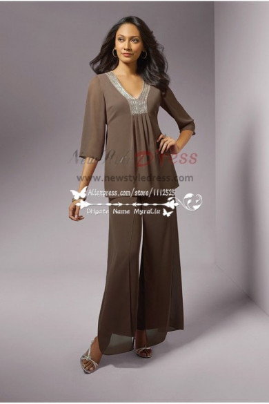Coffe/Chocolate Chiffon casual hand beaded neckline mother of bride trousers suit nmo-226