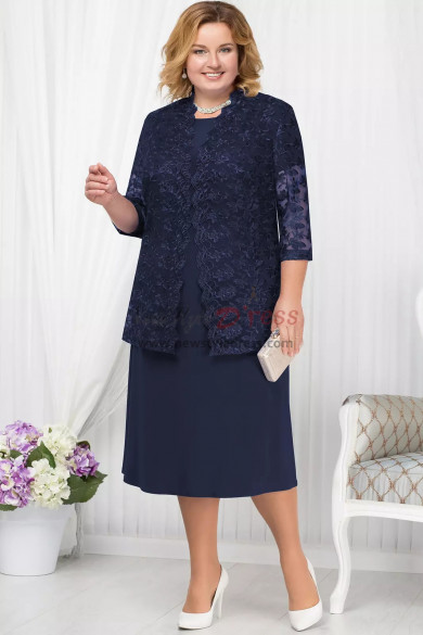 Plus size Dark navy  Mother of the bride dress with Lace jacket Classic Women