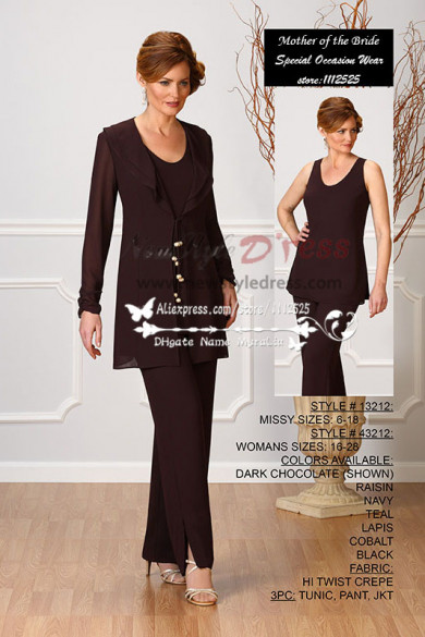 Elegant mother of the bride pant suits with jacket three piece chocolate chiffon outfits for Special Occasion nmo-203