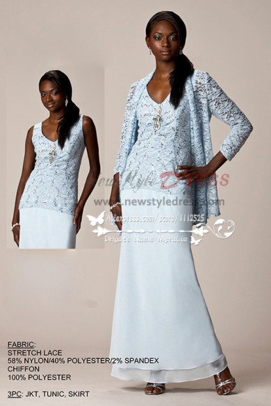 3PC mother of the bride outfits sky blue Lace JKT and tunic and chiffon skirt cms-080