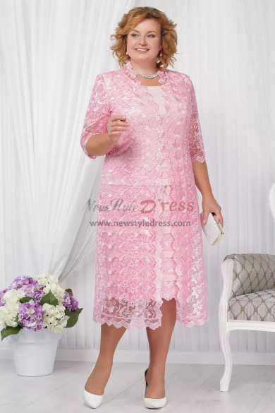 Mid-Calf Plus size Mother of the bride dress with jacket Pink lace women