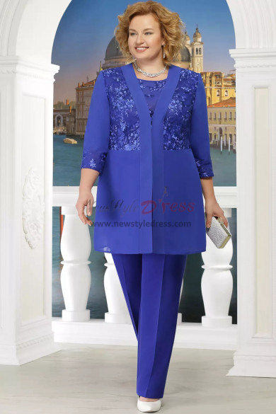 Plus size Mother of the bride pant suit with Elastic waist 3PC Trousers set Royal blue nmo-574