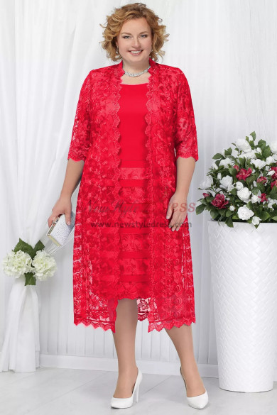 Red Lace Mother of the bride dress with jacket Plus size Mid-Calf lace women