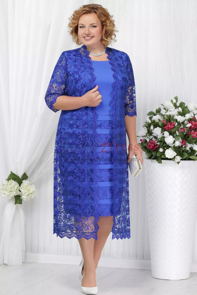 Royal blue Plus size Mother of the bride dress with jacket  Mid-Calf lace women