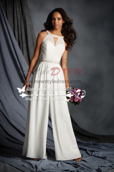 White chiffon Halter bridal jumpsuit for beach wedding wps-080