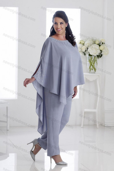 Plus size Mother of the bride pants suits Gray Asymmetry women