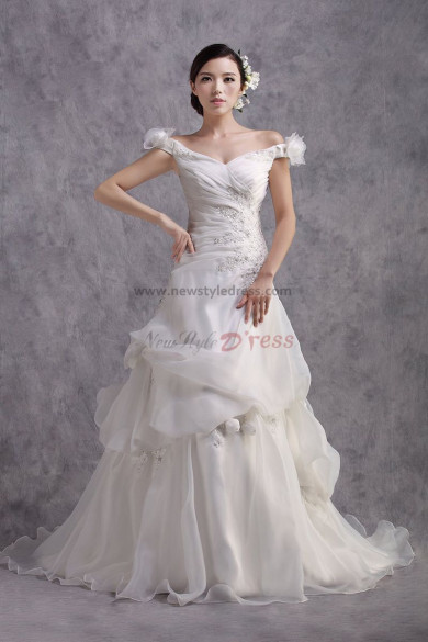 Latest Fashion Off the Shoulder Lace Up Chapel Train Ruched flower Wedding Dresses nw-0174
