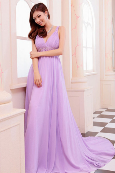 2014 New Arrival Lilac V-neck Empire Sweep/Brush Train prom dress np-0244