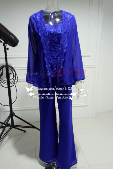 2019 Fashion Royal Blue Lace Sequins Vest Mother Of the bride pants 3 Sets nmo-274