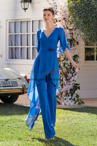 2022 Fashion V-neck Ocean Blue Mother of the Bride Pant suit Special Occasion pantalón, Tenues d