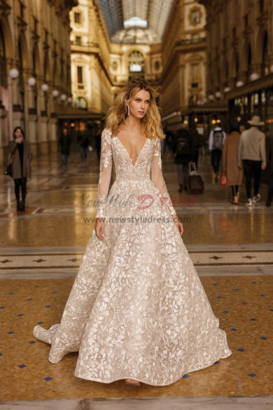 2023 A-line wedding dresses with chapel train, long sleeves deep v-neck organza bride dresses bds-0009