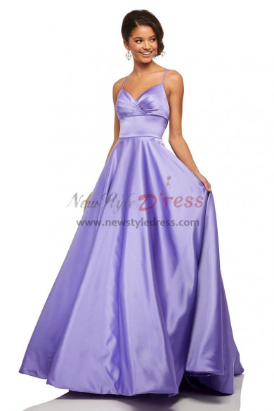 2023 Spaghetti A-Line Lilac Satin Prom Dresses, Brush Train Wedding Party Dresses With Bow pds-0004-1