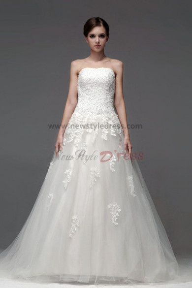 A-Line Lace Chapel Train Hand beading Strapless Spring Wedding Dresses nw-0225