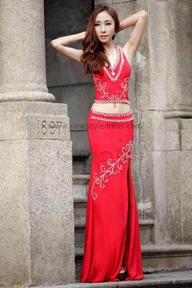 Appliques red Halter Elegant Prom Dresses with Split Front np-0105