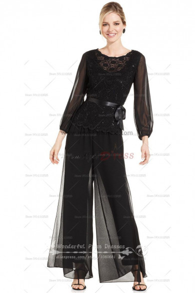 Black three quarter sleeve Chiffon mother of the bride pant suits with lace nmo-013