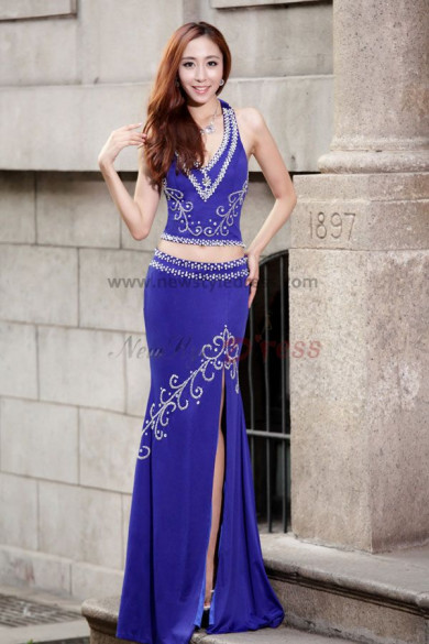 Blue Chiffon Halter Elegant Appliques Prom Dresses with Split Front np-0146