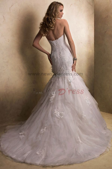 Brush Train Tiered Mermaid lace Sheath Elegant cheap wedding dresses nw-0198