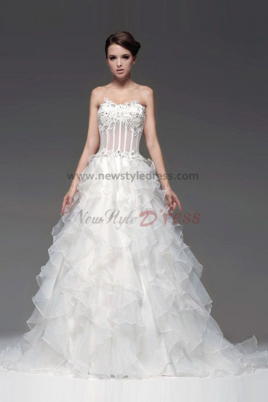 Chest Appliques Tiered Ball Gown Organza Wedding Dresses Train nw-0110