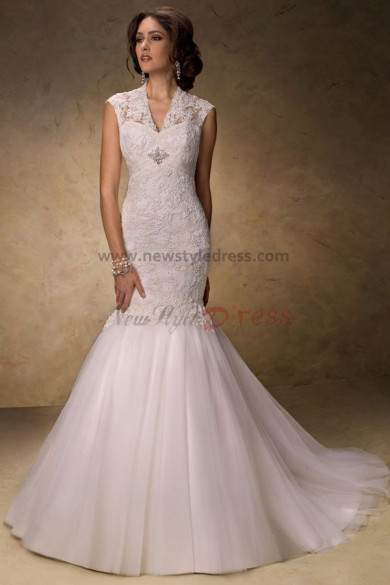 Classic V-neck Mermaid lace Appliques Glamorous Button wedding dresses nw-0187