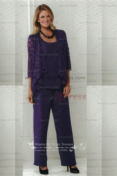 Grape Elegant lace and Chiffon mother of the bride trousers suits nmo-010